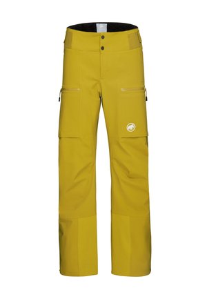 Gelbe wasserdichte Schneehose im geraden Schnitt, mit zwei seitlichen Reißverschlusstaschen, verstärkten Säumen und einem Logo-Patch am linken Bein.