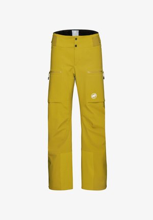 Gelbe wasserdichte Schneehose im geraden Schnitt, mit zwei seitlichen Reißverschlusstaschen, verstärkten Säumen und einem Logo-Patch am linken Bein.