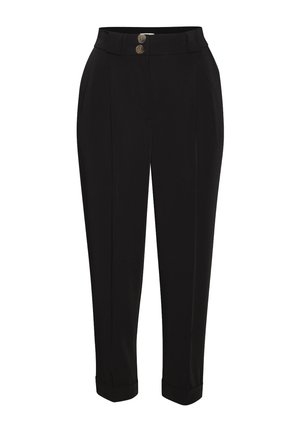 Pantalon noir sur mesure longueur cheville avec ourlets retroussés, plis à l'avant, poches latérales et fermeture à deux boutons à la taille.