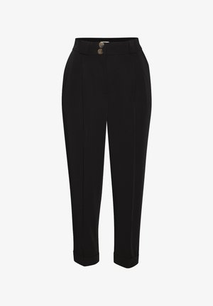Zwart op maat gemaakte broek tot op de enkels met omgeslagen zoom, voorplooien, zijzakken en een sluiting met twee knopen aan de tailleband.