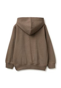 Felpa con cappuccio marrone in tessuto testurizzato. Presenta polsini e orlo a coste. Design semplice, senza modelli o dettagli aggiuntivi visibili.