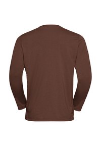 Braunes Langarmshirt mit Rundhalsausschnitt, von hinten gezeigt, mit glattem, einfarbigem Stoff und lockerer Passform.