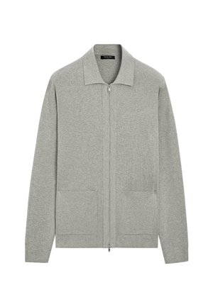 Cardigan gris clair à fermeture éclair, fabriqué en tissu doux, avec col, deux poches avant et poignets côtelés. Design minimaliste avec une texture lisse.