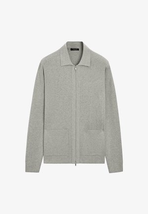 Cardigan gris clair à fermeture éclair, fabriqué en tissu doux, avec col, deux poches avant et poignets côtelés. Design minimaliste avec une texture lisse.