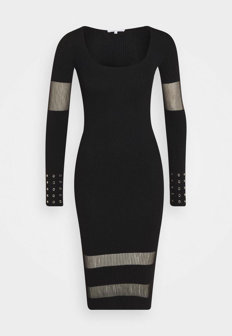 Schwarzes geripptes Strickkleid mit langen Ärmeln, das transparente horizontale Einsätze und goldfarbene Hardware-Akzente an den Bündchen aufweist. Quadrat-Ausschnitt.