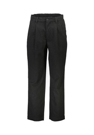 Zwarte wollen broek met een rechte pijpdesign, voorzien van voorplooien, een knoopsluiting en een soepele textuur.