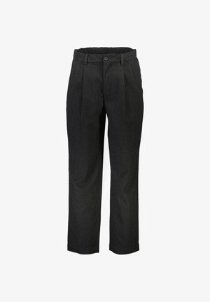 Zwarte wollen broek met een rechte pijpdesign, voorzien van voorplooien, een knoopsluiting en een soepele textuur.