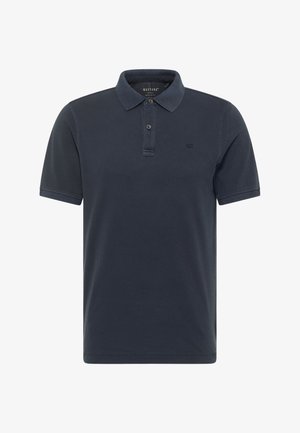 Granatowa koszulka polo wykonana z bawełny, z kołnierzykiem, trzema guzikami i subtelnym logo na piersi. Krótkie rękawy z żebrowanymi brzegami.