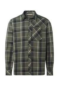 Donkergroene hemd met lange mouwen in ruitpatroon, voorzien van zwarte en witte lijnen. Heeft een button-down kraag en een borstzak met klep.
