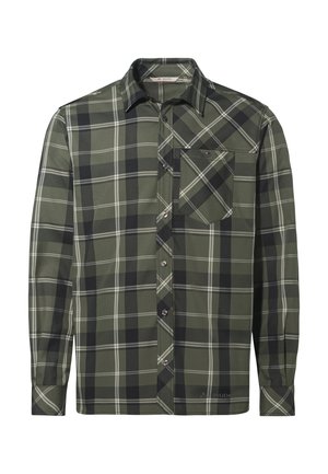 Donkergroene hemd met lange mouwen in ruitpatroon, voorzien van zwarte en witte lijnen. Heeft een button-down kraag en een borstzak met klep.