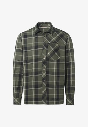 Donkergroene hemd met lange mouwen in ruitpatroon, voorzien van zwarte en witte lijnen. Heeft een button-down kraag en een borstzak met klep.