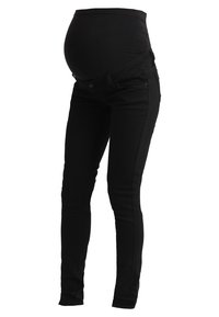 Jeans premaman neri con design aderente, vita elasticizzata e una texture liscia. Presentano uno stile classico a cinque tasche e passanti per cintura.