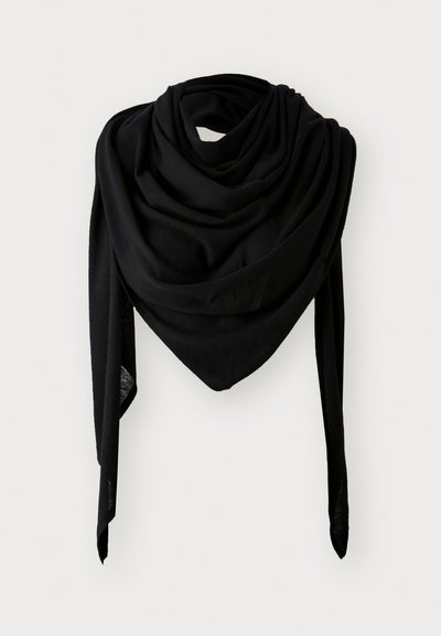 Black soft fabric scarf with a draped design, featuring a triangular shape and elongated ends, creating a layered look.