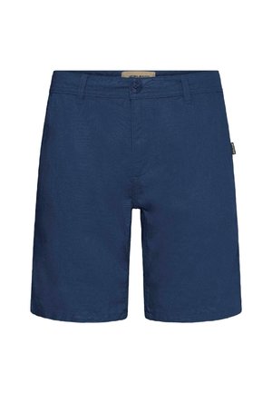 Tumesinised lühikesed püksid siledast kangast, millel on nupuga sulgur ja esitasku, lõigatud veidi üle põlve.