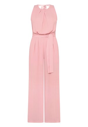 Combinaison rose sans manches à jambes larges avec ceinture à la taille, devant plissé et dos en forme de trou de serrure noué avec un nœud.