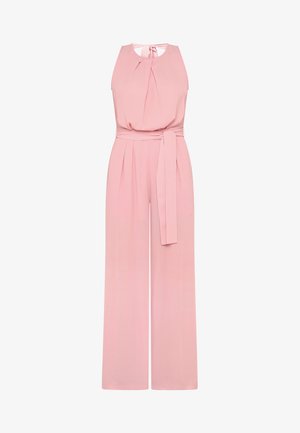 Sleeveless pink wide-leg jumpsuit with waist tie, pleated front, and keyhole back tied with a bow.