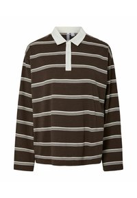 Bruine lange mouwen polo met horizontale witte strepen, een contrasterende witte kraag en een knoopsluiting met drie knopen. Zachte stofstructuur.