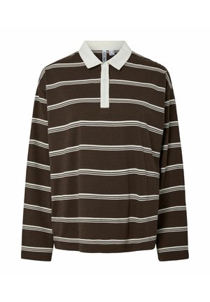 Bruine lange mouwen polo met horizontale witte strepen, een contrasterende witte kraag en een knoopsluiting met drie knopen. Zachte stofstructuur.