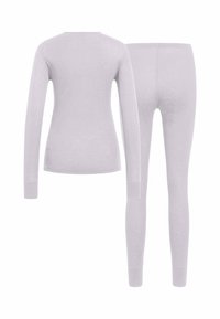 Light purple long-sleeve top and matching leggings made from soft, stretchy material. Features smooth texture and fitted design.
