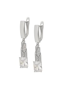 Orecchini a goccia in argento con un pendente in cristallo rettangolare e un design testurizzato e torcido con accenti trasparenti.