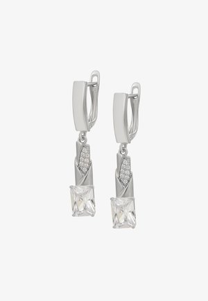 Stříbrné visací náušnice s obdélníkovým krystalovým přívěskem a strukturovaným, spirálovým designem s průhlednými akcenty.