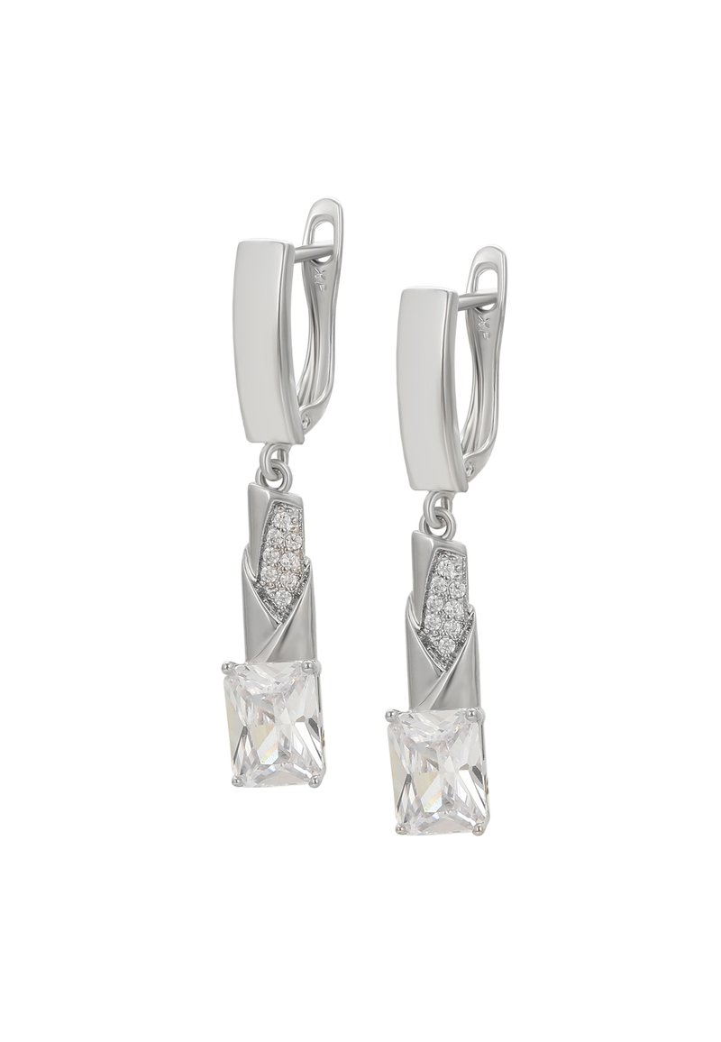 Orecchini a goccia in argento con un pendente in cristallo rettangolare e un design testurizzato e torcido con accenti trasparenti.
