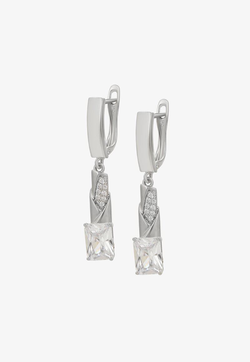 Stříbrné visací náušnice s obdélníkovým krystalovým přívěskem a strukturovaným, spirálovým designem s průhlednými akcenty.