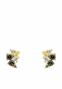 Orecchini color oro che presentano gruppi di pietre preziose rotonde, chiare e nere di diverse dimensioni, con un design morbido e curvo e montature rialzate.