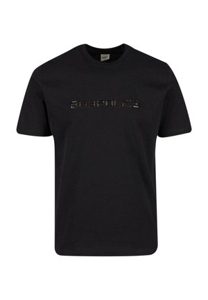 Zwart katoenen T-shirt met korte mouwen, voorzien van een horizontaal reliëflogo "363POLICE" in een reflecterende metallic afwerking op de borst.