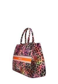 Borsa a tracolla con stampa leopardata, dalla forma strutturata, nei colori vivaci di rosa, arancione e nero, con doppio manico rotondo e una striscia con logo arancione.