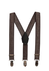 Braune, gemusterte Hosenträger mit verstellbaren Clips, die über einen zentralen schwarzen Lederaufsatz verfügen. Das Material ist gewebter Stoff, langlebig und strukturiert.