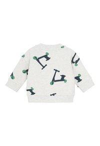 Grijze sweatshirt met een speelse print van scooters in donkerblauw en groen, voorzien van ribgebreide manchetten en zoom voor extra textuur.