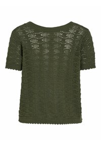 Olivgrünes, gestricktes Top mit kurzen Ärmeln, das über ein wellenförmiges, offenes Strickmuster sowie einen gerippten Halsausschnitt und Saum verfügt.