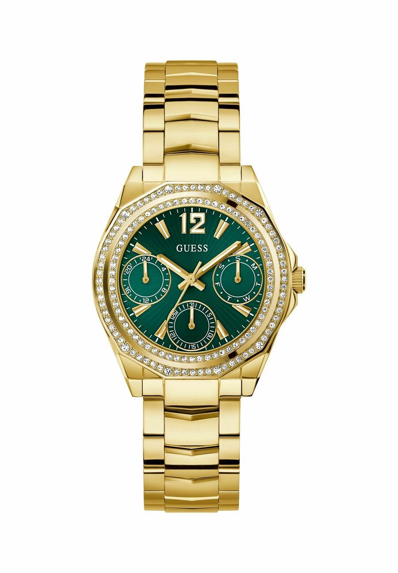Orologio da polso dorato con cassa ottagona, quadrante verde, dettagli in cristallo e tre sottodiali. Bracciale in metallo con finitura lucida.