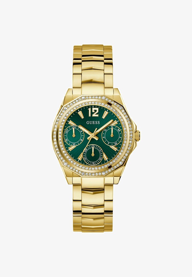 Orologio da polso dorato con cassa ottagona, quadrante verde, dettagli in cristallo e tre sottodiali. Bracciale in metallo con finitura lucida.