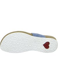 Footwear sole with textured white rubber featuring heart-shaped cutout in red. Upper section is light blue, with a cork-like base around the edge.