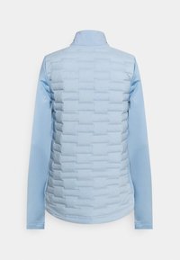 Vaaleansininen puffertakki, jossa on tikattu rakenne selässä ja sileät hihat. Varustettu korkealla kauluksella ja istuvalla muotoilulla.