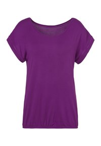Lila T-Shirt mit kurzen Ärmeln, rundem Halsausschnitt und lockerer Passform. Hergestellt aus weichem Stoff, mit umgeschlagenen Ärmeln und einem gerafften Saum.