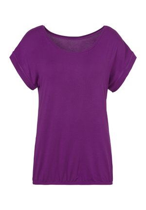 T-shirt viola a maniche corte con scollatura rotonda e vestibilità ampia. Realizzato in tessuto morbido, presenta polsini arrotolati e fondo gather.