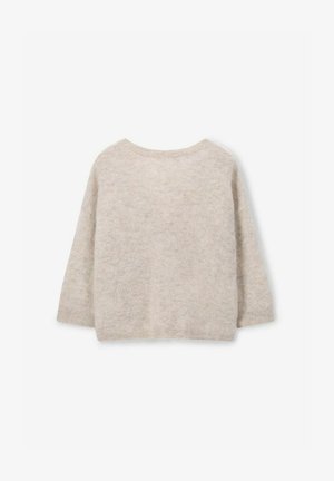 Lichtbeige gebreide sweater, zachte textuur, ronde halslijn, verlaagde schouders en lange mouwen, met een eenvoudig en ontspannen ontwerp.