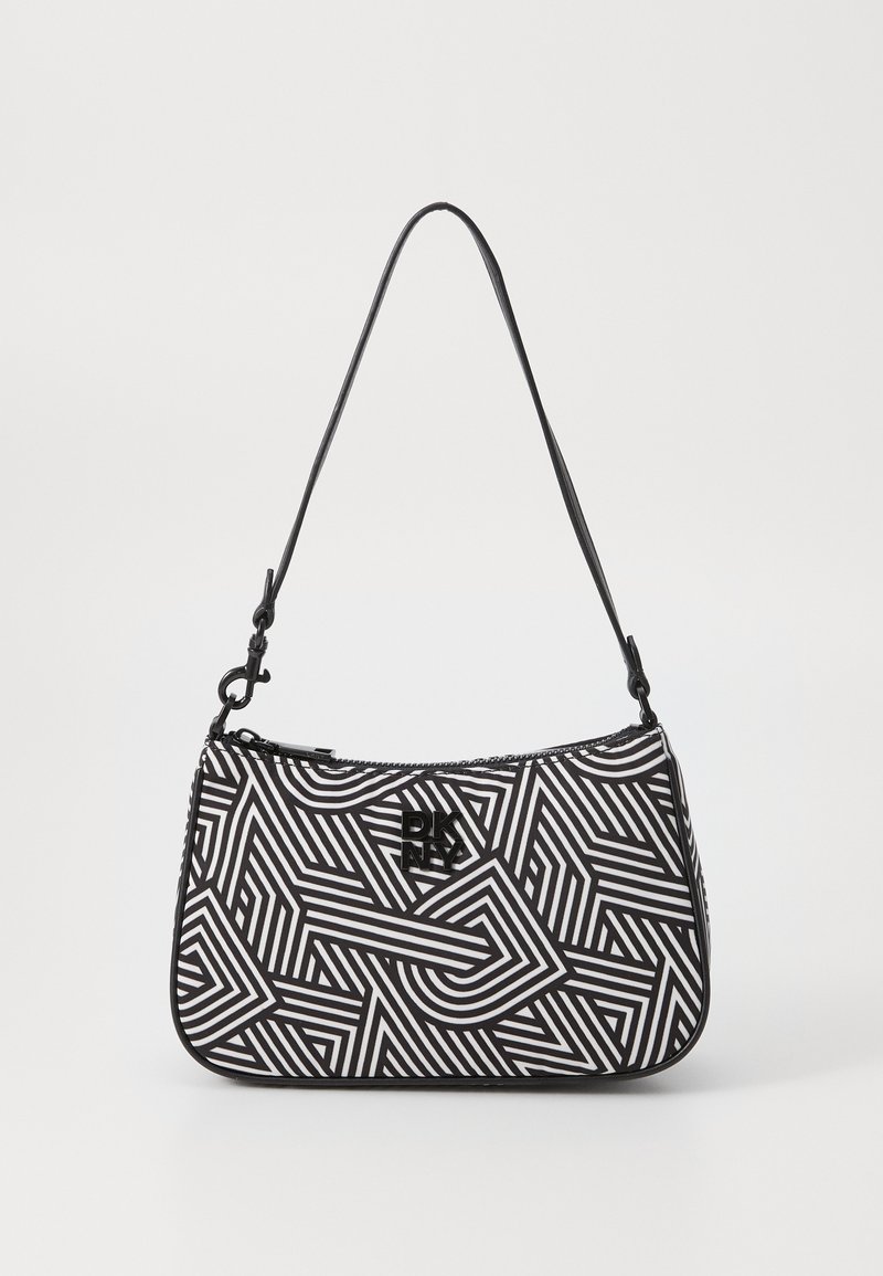 Black and white patterned handbag with geometric lines, featuring a zip closure and a single shoulder strap. Accented with a logo detail.