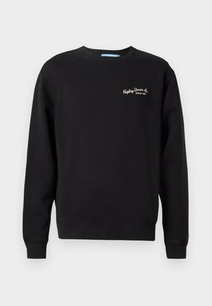 Black crewneck sweatshirt made of cotton blend. Features ribbed cuffs and hem, with "Replay Denim Co. Since 1991" embroidered on the chest.
