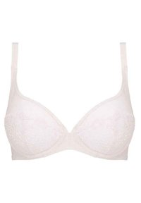 Beige bh med blonde detaljer, spiler i koppene, justerbare stropper og jevn tekstur. Har dekorative mønstre på koppene og et sikkert bånd.