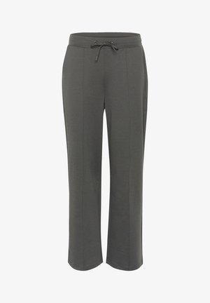 Gray sweatpants made of soft fabric, featuring an elastic waistband with a drawstring, side seams, and straight leg cut.