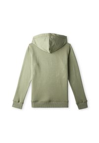 Sweat-shirt à capuche en vert olive, fabriqué en douceur avec un mélange de coton. Il présente des poignets et un ourlet côtelés, avec une texture lisse et un minimum de détails de couture.