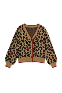 Kardigan w leopardzie wzorze w odcieniu tan z czarnymi plamami. Posiada czerwone akcenty, dekolt w serek oraz zapięcie na guziki; wykonany z miękkiego dzianiny, krótki krój.