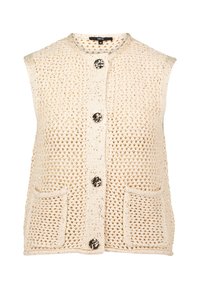 Strikket ærmeløs vest i lys beige med åben vævning. Har to forlommer og tre dekorative mørke knapper.
