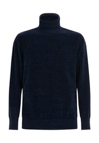 Maglione a collo alto navy realizzato in morbido tessuto a maglia. Presenta maniche lunghe e un colletto alto. Design semplice senza motivi o accenti visibili.