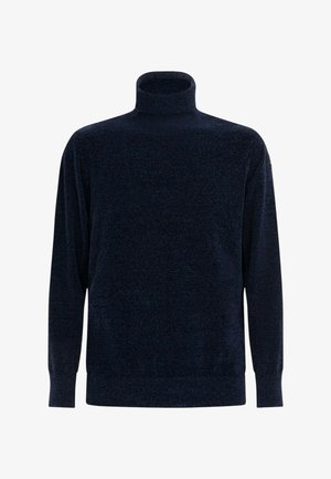 Marineblauwe coltrui van zacht gebreid materiaal. Heeft lange mouwen en een hoge kraag. Eenvoudig ontwerp zonder zichtbare patronen of accenten.