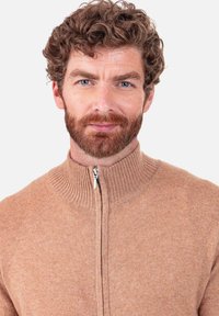 Beige knitted sweater with a high collar and full zipper. Soft texture, ribbed neck, minimal seam details, and casual fit.